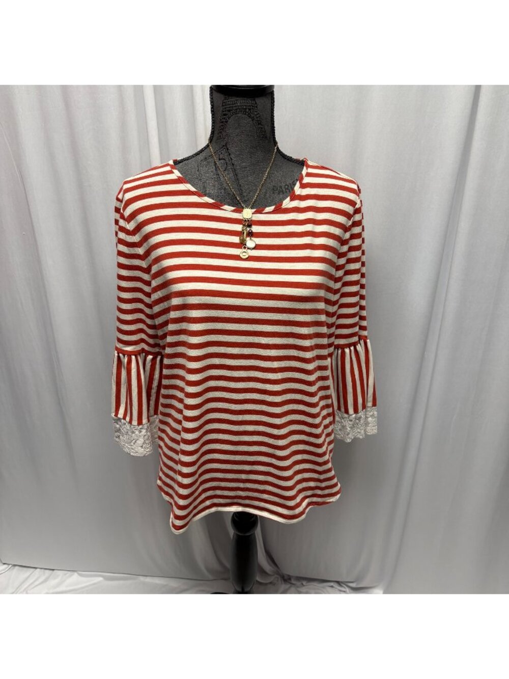 Van Heusen Top Womens Size Large Rust Cream Striped Bell Sleeve Casual Shirt